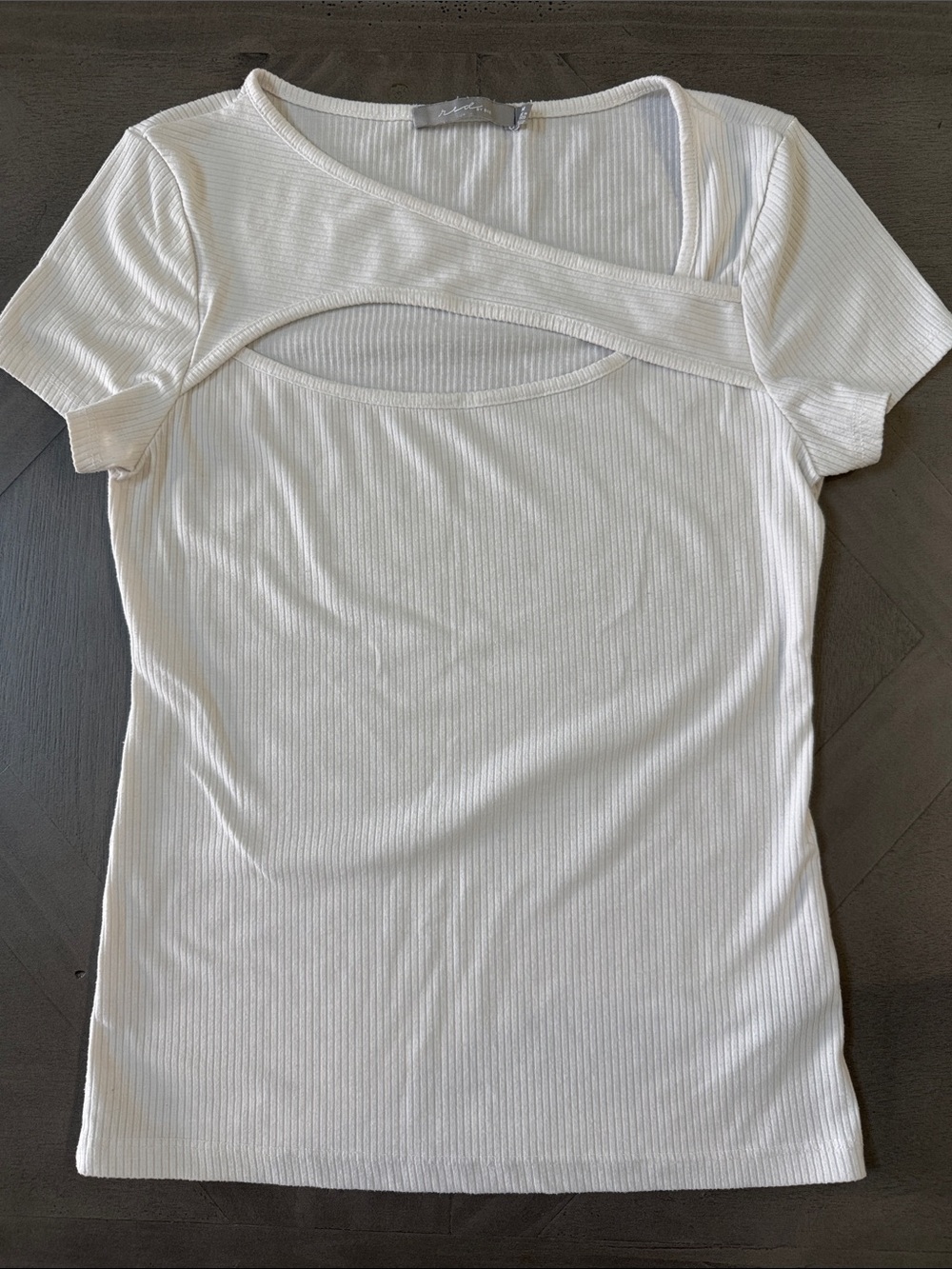 Women's White Ribbed Short Sleeve Top with Front Cutout